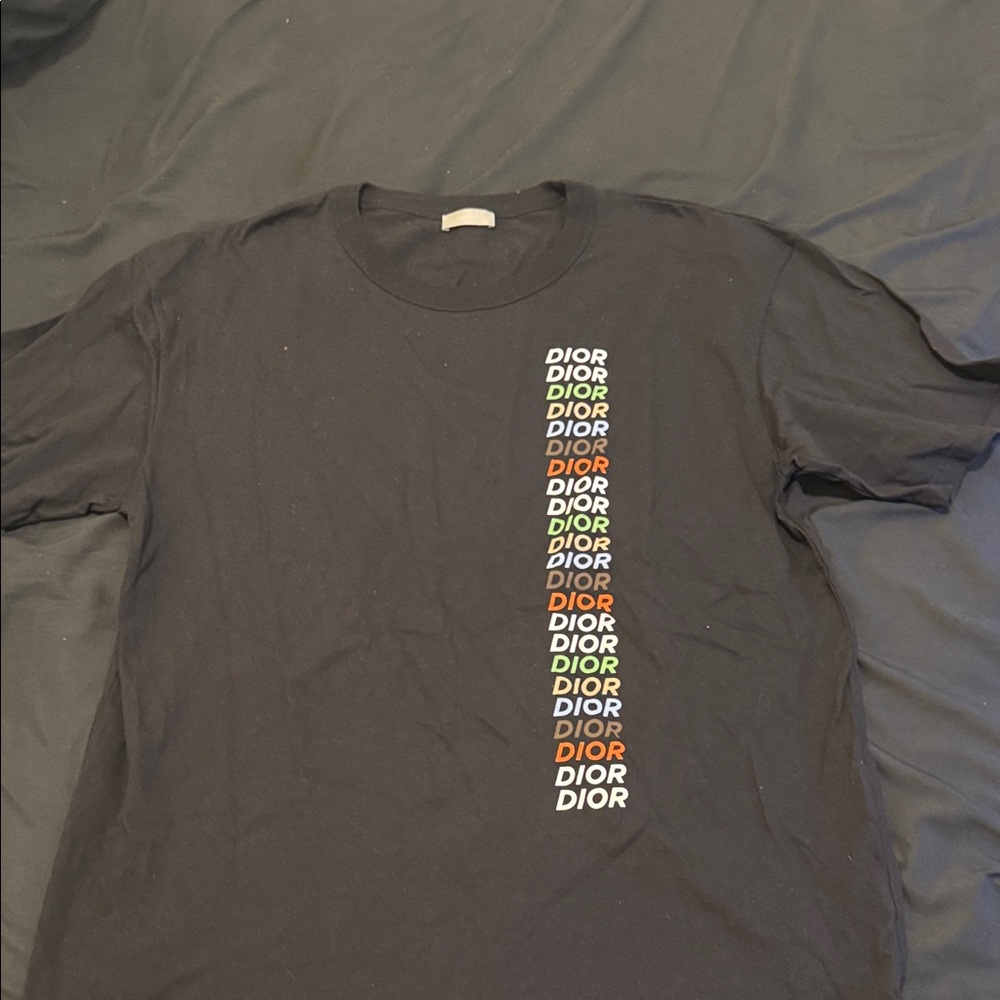 Dior Black Tee with Multicolor Vertical Logo